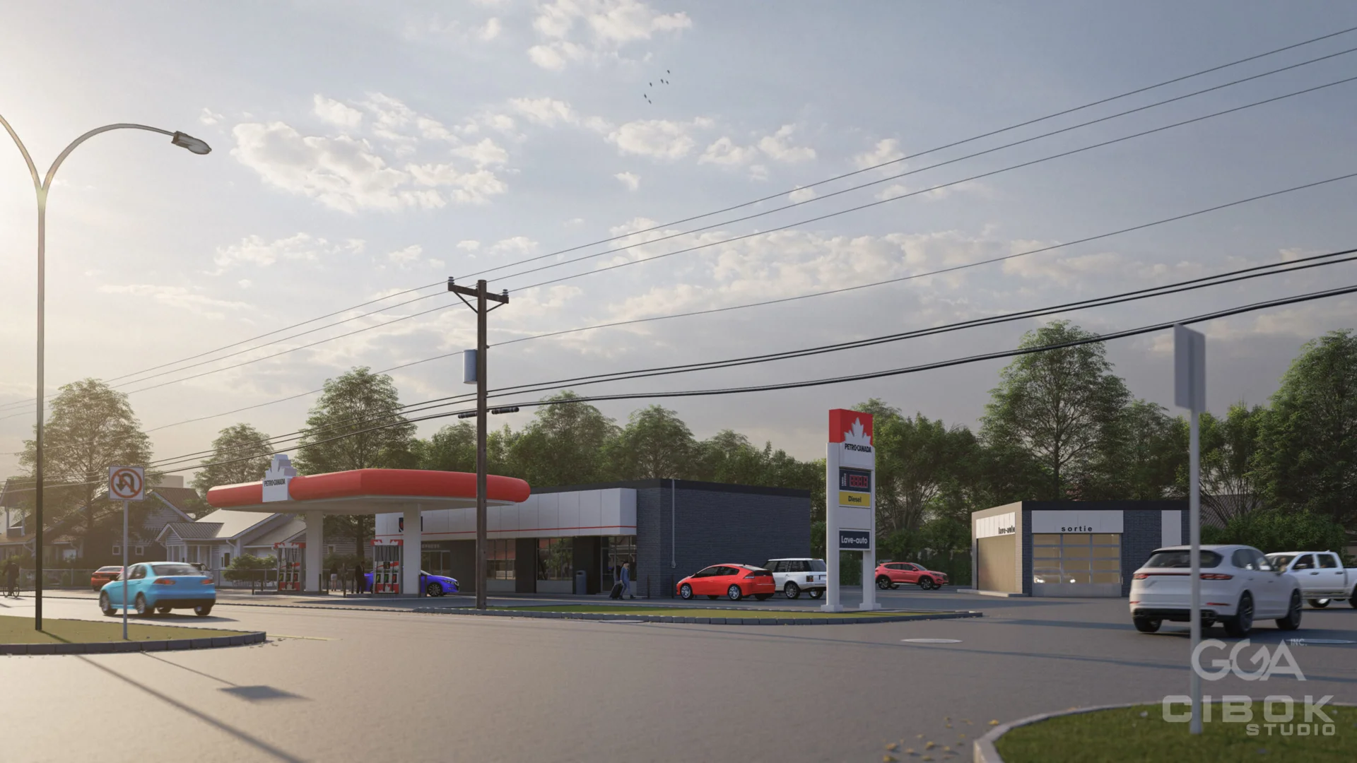 Complexe commercial routier — rendu 3D