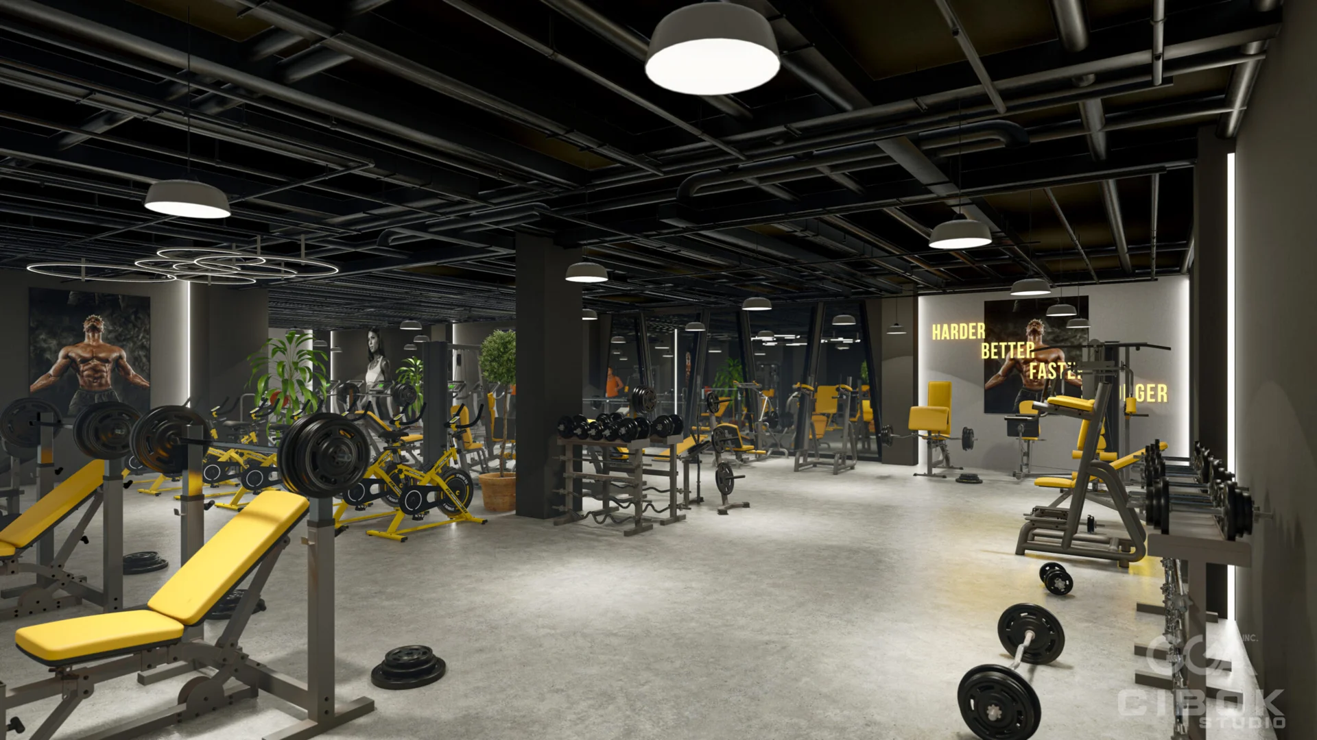 Salle d’entraînement contemporaine — rendu 3D